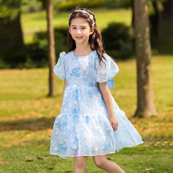 Светло-голубые летние платья для маленьких девочек с коротким рукавом и бантом из марли от 4 до 11 лет, Детская свадьба, День рождения, Платье принцессы, модная одежда