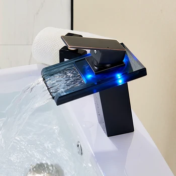 Светодиодные RGB цвета, смеситель для раковины, крепление на бортике, Водопад, Латунный смеситель для раковины в ванной, Хромированная отделка