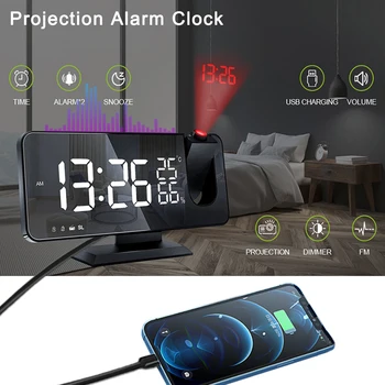 Светодиодный цифровой проекционный будильник для спальни, проекция на потолок, FM-радио, USB-зарядное устройство для телефона, проектор времени, двойные громкие часы
