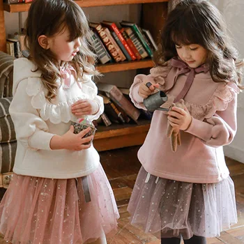 Свитшоты для девочек в корейском стиле, милый пуловер с капюшоном и рюшами и бантом, модные осенне-зимние детские толстовки DT616