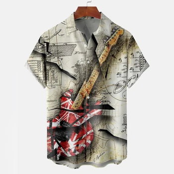 Свободная повседневная рубашка оверсайз, летняя новая мужская рубашка с лацканами с 3D-принтом гитары, короткий рукав, повседневная одежда, рок-блузки