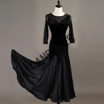 Сексуальное женское кружевное платье для бальных танцев с длинными рукавами, платья для вальса, танго, стандартное бальное платье черного цвета