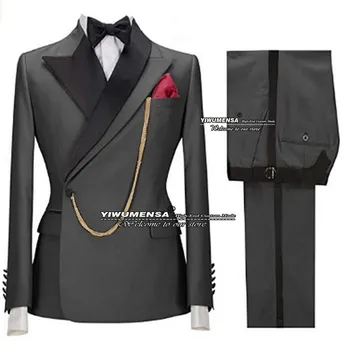 Серые мужские костюмы Приталенной формы, двубортный пиджак с брюками для жениха, 2 предмета в комплекте, свадебные смокинги, сшитый на заказ Костюм Homme