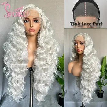 Синтетические кружевные фронтальные парики 13x4 Объемная волна Пушистый модный парик для чернокожих женщин 32-дюймового светло-серого цвета, предварительно выщипанный из детских волос