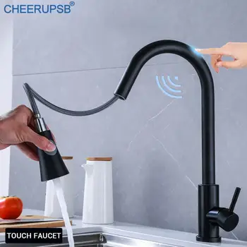 Смеситель для кухонной раковины Smart Touch из нержавеющей стали Автоматический кран для горячей и холодной воды Кран с одним отверстием для крепления на палубе Черные краны