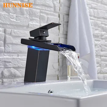 Смеситель для раковины с водопадом со светодиодной подсветкой для ванной комнаты, медный смеситель для ванной комнаты, светодиодный смеситель для ванной комнаты с регулируемой температурой