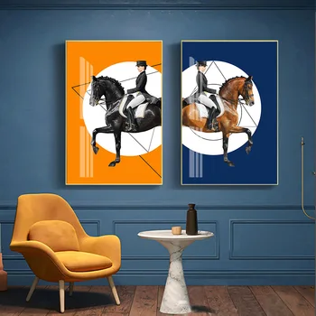 Современная выездка Chevaux Horse Rider Сине-оранжевые плакаты, картины на холсте, настенные принты для украшения дома в гостиной
