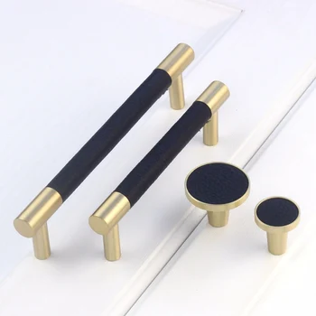 Современные ручки для шкафов, латунные выдвижные ящики для шкафов, кухонные дверные ручки из черной кожи, ручки для ручек-1 упаковка
