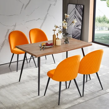 Современный Бархатный обеденный стул с металлическими черными ножками для столовой, Набор из 4 Боковых стульев, Прочный и долговечный, Оранжевый