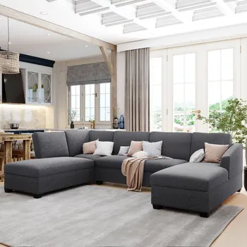 Современный большой U-образный секционный диван, двухместный очень широкий шезлонг, подходит для жилых комнат, серый