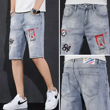 Стрейчевые Летние Прямые рваные джинсовые шорты, мужские тонкие повседневные брюки с модным принтом