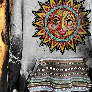 Толстовка с принтом Солнца, женские свитшоты, Эстетичный Этнический Повседневный пуловер с длинным рукавом, топы с капюшоном, уличная одежда хиппи, женский джемпер