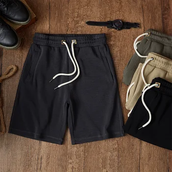 Трикотажные пятиточечные брюки Amekaji, мужские японские базовые повседневные эластичные летние шорты со шнурком, свободные спортивные спортивные штаны