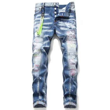 Узкие джинсы для мужчин, брендовые вышитые Рваные брюки из эластичного денима в стиле пэчворк, хип-хоп Нищий, облегающие рваные брюки, Дизайн Homme