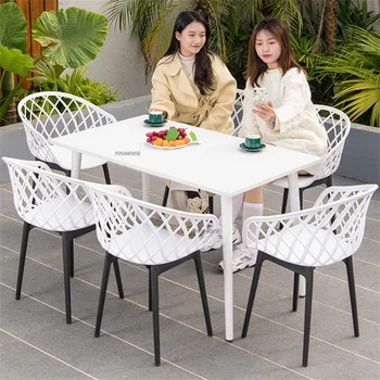 Уличный стол и стул Белый Простой садовый стол с пластиковым стулом Открытый Балкон Круглый журнальный столик Набор уличной мебели
