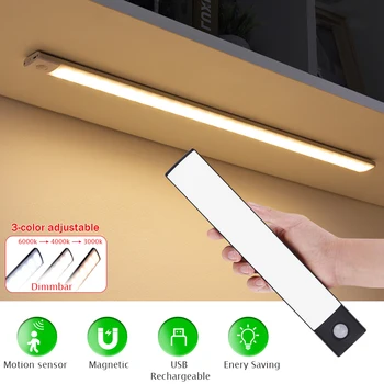 Ультратонкий светодиодный ночник для шкафа с датчиком движения, перезаряжаемый через USB, 3-цветная лампа для освещения кухонного шкафа, Магнитный светильник