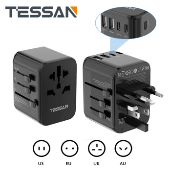 Универсальный адаптер для путешествий TESSAN с 3 портами USB C и 2 USB-портами, Универсальный адаптер для путешествий по всему миру для США, ЕС, Великобритании, Австралии