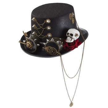 Унисекс, шляпы в стиле стимпанк, шляпа для костюма на Хэллоуин, черный готический цилиндр со скелетом и розой для мужчин, женская одежда