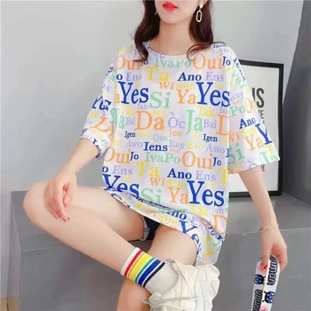 Футболки, женские футболки с коротким рукавом и принтом, большие размеры 2XL, футболки, женские топы в корейском стиле, уличная летняя мода NS5591