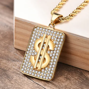 Хип-хоп Знак Доллара, Денежный кулон с богатством, ожерелье с веревочной цепочкой, собачий жетон из нержавеющей стали, ожерелье с денежным символом, ювелирные изделия