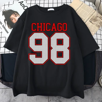 Хлопчатобумажная Футболка с принтом Chicago 98 Свободная Уличная Мягкая Одежда Harajuku Индивидуальные Удобные Футболки Креативная Мужская футболка