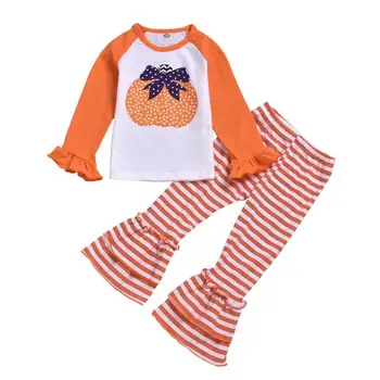 Хэллоуин 2ШТ для малышей, Комплекты одежды для маленьких девочек, футболка с тыквой, расклешенные полосатые длинные брюки, наряд от 1 до 5 лет