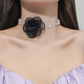 Черно белая пряжа цветок колье жемчуг бисером короткое ожерелье для женщин девочек милый романтический воротник ожерелья Свадебная вечеринка ювелирные изделия