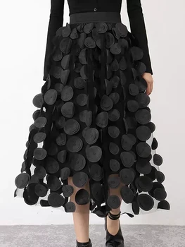 Черно-розовая Длинная плиссированная тюлевая юбка Для женщин 2023, Летняя Корейская мода, Аппликации в горошек, Трапециевидная юбка Миди с высокой талией, женская