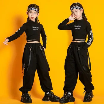 Черные джазовые костюмы в стиле хип-хоп для девочек, модный детский танцевальный костюм, тренировочные бальные цепочки, футболка, юбка из тюля, наряды для выступлений