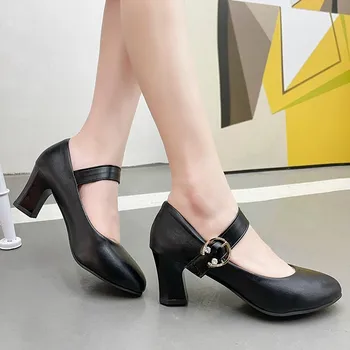 Черные женские туфли на высоком каблуке, летняя мода 2023, дизайн с пряжкой, Женские туфли-лодочки, Удобная офисная женская обувь на толстом каблуке