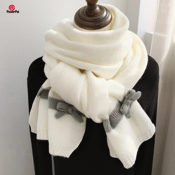 Шерстяной вязаный шарф в Корейском стиле с бантом, Милая Элегантная Белая Шаль, Мягкий Теплый шейный платок