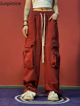 Широкие брюки-карго Juspinice High Street, мужские Корейские модные комбинезоны с карманами на молнии, Высокая талия, Однотонные регулируемые брюки