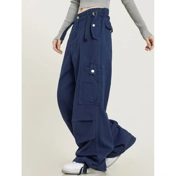 Эластичный пояс с завязками, множество карманов, широкие джинсы с высокой талией, женские свободные прямые синие джинсы для женщин, винтажные джинсы для мам