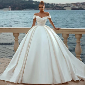 Элегантные Белые Свадебные Платья 2023 С Открытыми Плечами И Шлейфом, Платье Невесты На шнуровке Сзади, Атласное Свадебное Вечернее Платье Vestido De Novia