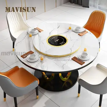 Элегантный кухонный стол с индукционной плитой, Расширяемые круглые столы с поворотным столом на 360 °, Роскошное сочетание столовой