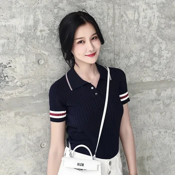 Эстетичная футболка с коротким рукавом ПОЛО Черная белая тонкая Корейская модная женская блузка 2023 Лето Бесплатная доставка