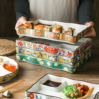 Японская тарелка для пельменей, тарелка для суши с соусом, разделенное блюдо для закусок с уксусом, Керамическая тарелка для салата, Ресторанная тарелка, плоский поднос с цветами
