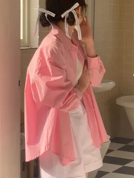 Женские Осенние Розовые Рубашки с длинным рукавом Корейская мода 2023 Шикарные Однобортные Повседневные Свободные блузки с лацканами Винтажные Blusas Mujer