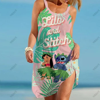 Женское платье Stitch, летнее платье миди Disney без рукавов 2023, женское сексуальное платье макси с 3D-принтом
