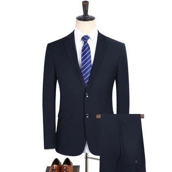 (Куртки + брюки) Мужской модный бутик, однотонный официальный деловой костюм, комплект из 2 предметов, свадебное платье для жениха, черное и темно-синее