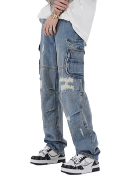 Мужские мешковатые джинсы С большим карманом сбоку, потертые рваные джинсовые прямые брюки, джинсовые брюки-карго для хай-стрит, джинсы для бегунов в стиле хип-хоп.