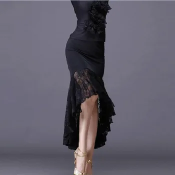 Новые Сексуальные Юбки для латиноамериканских танцев, Женская Черная Кружевная юбка, Нерегулярная юбка с рыбьим хвостом, Длинное платье для бальных танцев