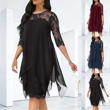 Элегантное платье Vestidos 2023, Новое женское платье, кружевное лоскутное платье с рукавом 3/4, шифоновое платье средней длины до колен, модное повседневное платье